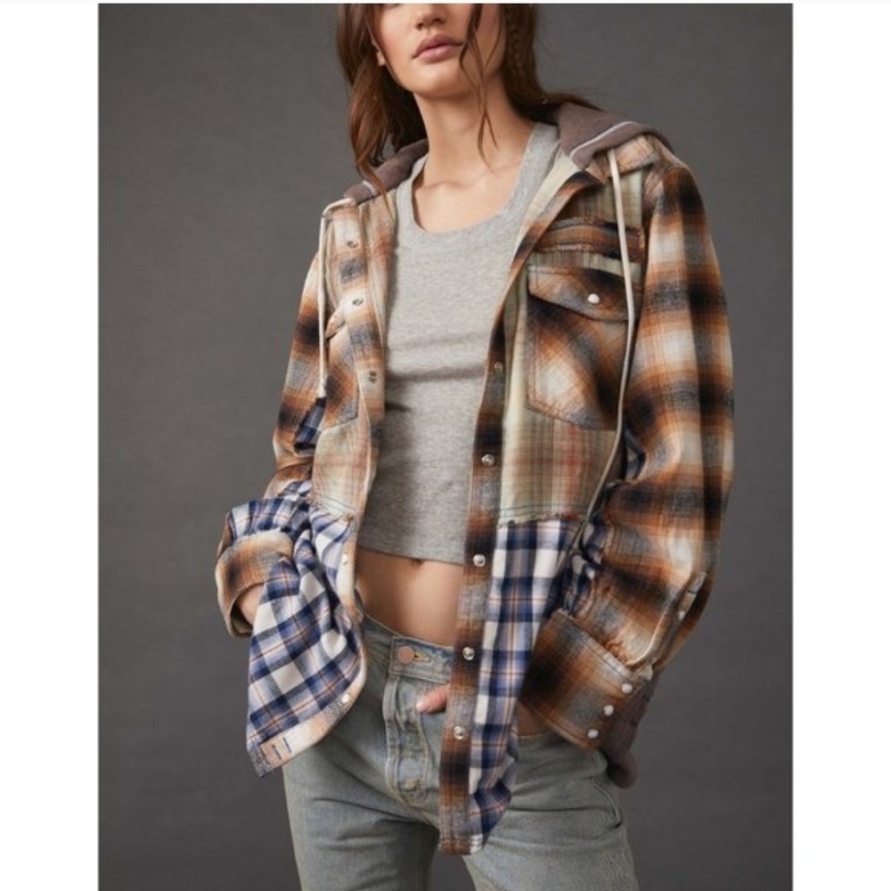 We The Free People BLUE RIDGE Mixed Plaid + Media Hoodie Hooded Jacket Shacket - Picture 2 of 16